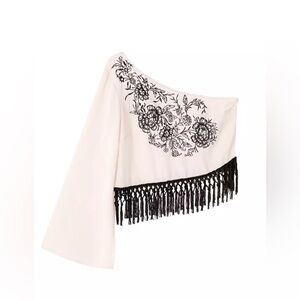 NWOT Zara asymmetrical embroidered fringe top